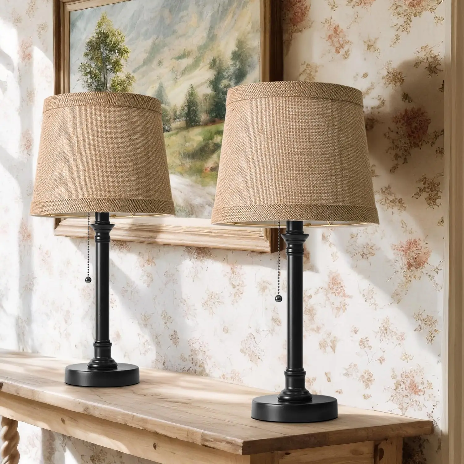 

Set of 2 Farmhouse Table Lamps with Natural Shade, Pull Chain Switch for Bedroom Living Room Home Office