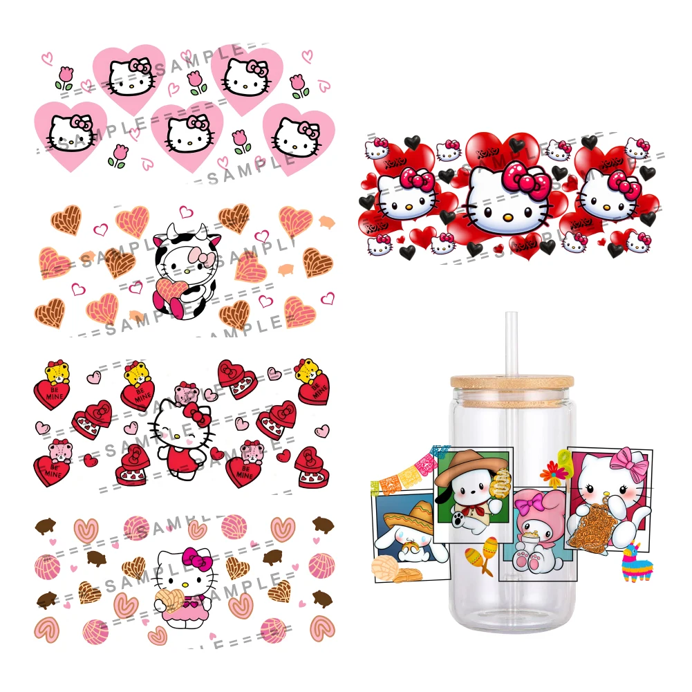 11x24cm Cute Hello Kitty For Libbey 16oz Can Glass 3D Waterproof UV DTF Coffee Can Wrap Libbey Glass Wrap