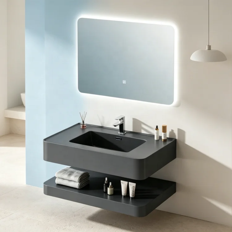 Artificial Matt Black Quartz  Basin Bathroom Restroom Vanity With Mirror For Modern Minimalist Decoration