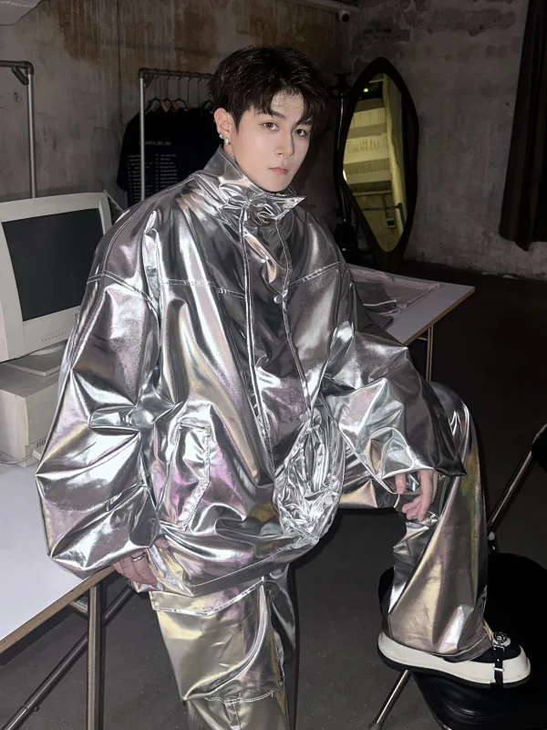 Metallic Silver Performance Jacket Set Street Dance Team Outfit Stage Two-Piece Set Unisex Loose Fit Long Sleeve Polyester