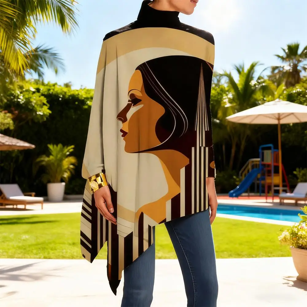 

Women's African-inspired Printed Tops Stylish Asymmetrical Hem High Neck Long Sleeves Elegant Autumn Loose-fitting Retro Clothes