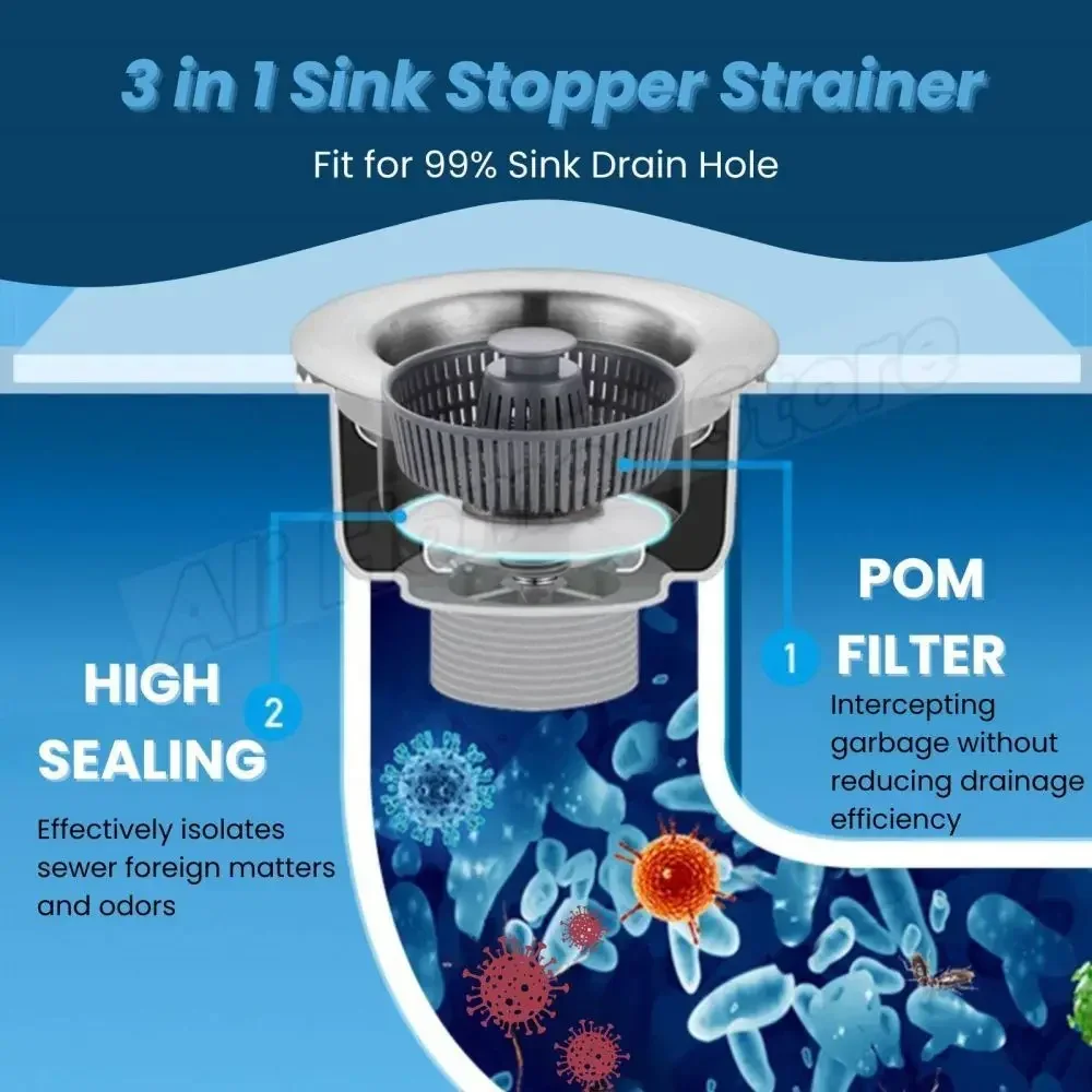 Kitchen Sink Drain Strainer 3-in-1 Stainless Steel Sink Stopper Pop Up Anti-clogging Sink Stopper with Detachable Drain Basket