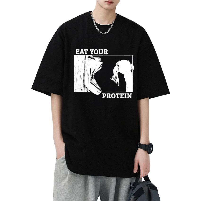 

Funny Eat Your Protein Anime Gym Pump print T shirt Men Women harajuku Oversized short sleeve T-shirts Summer Unisex Cotton Tops