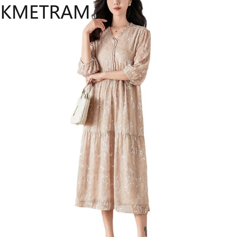 

KMETRAM 100% Mulberry Silk Embroidery Dress Women Elegant Party Long Dresses Female 2024 Summer Dress Women Clothing Vestido