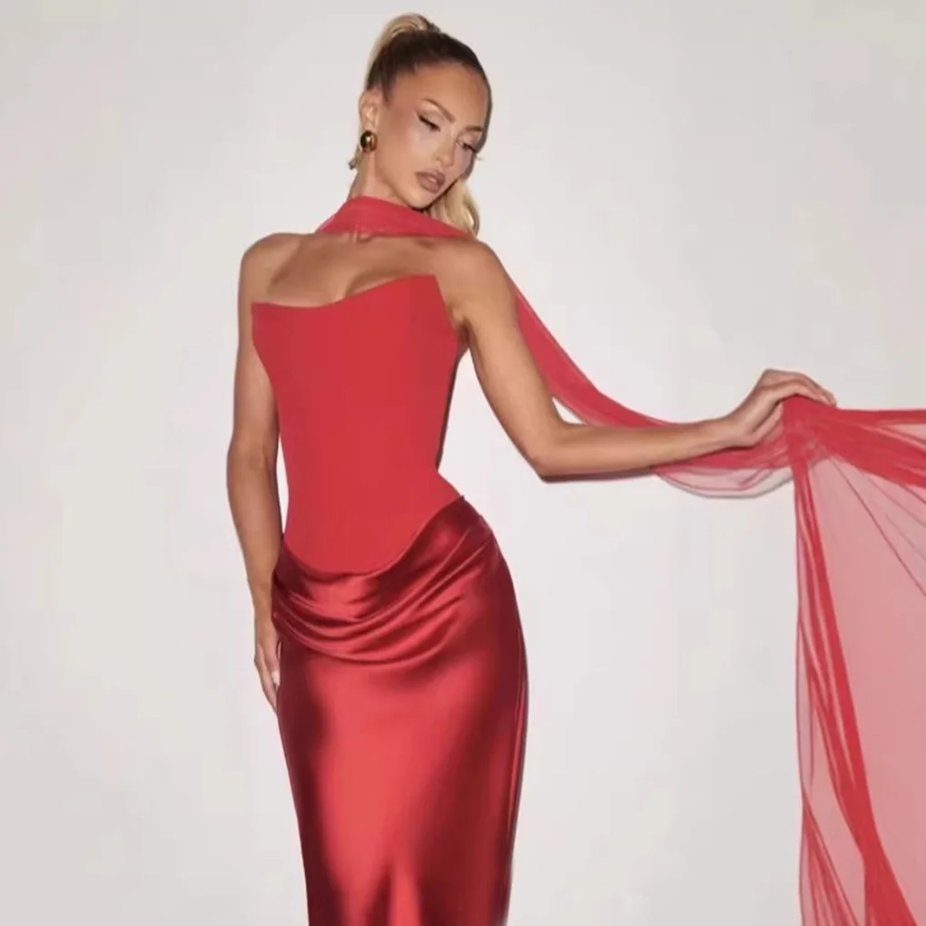 

Sexy Satin Long Red Dress Evening Club Wear Dresses 2026 Women Summer Spring Clothes Luxury Bodycon Party Luxury Dress