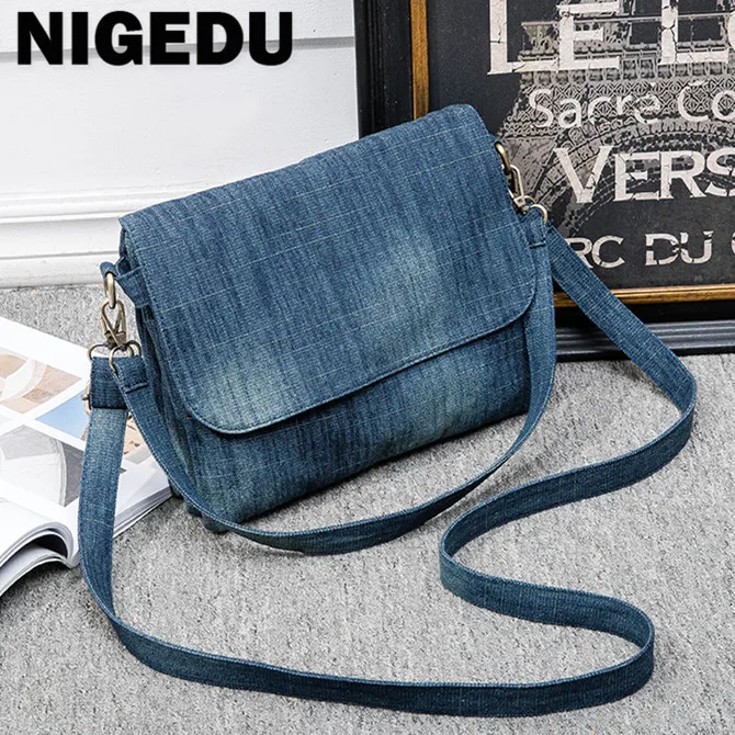 Casual Denim messenger bag for women Shoulder Crossbody Bag Multiple pockets ladies handbag Luxury design Female satchel blue