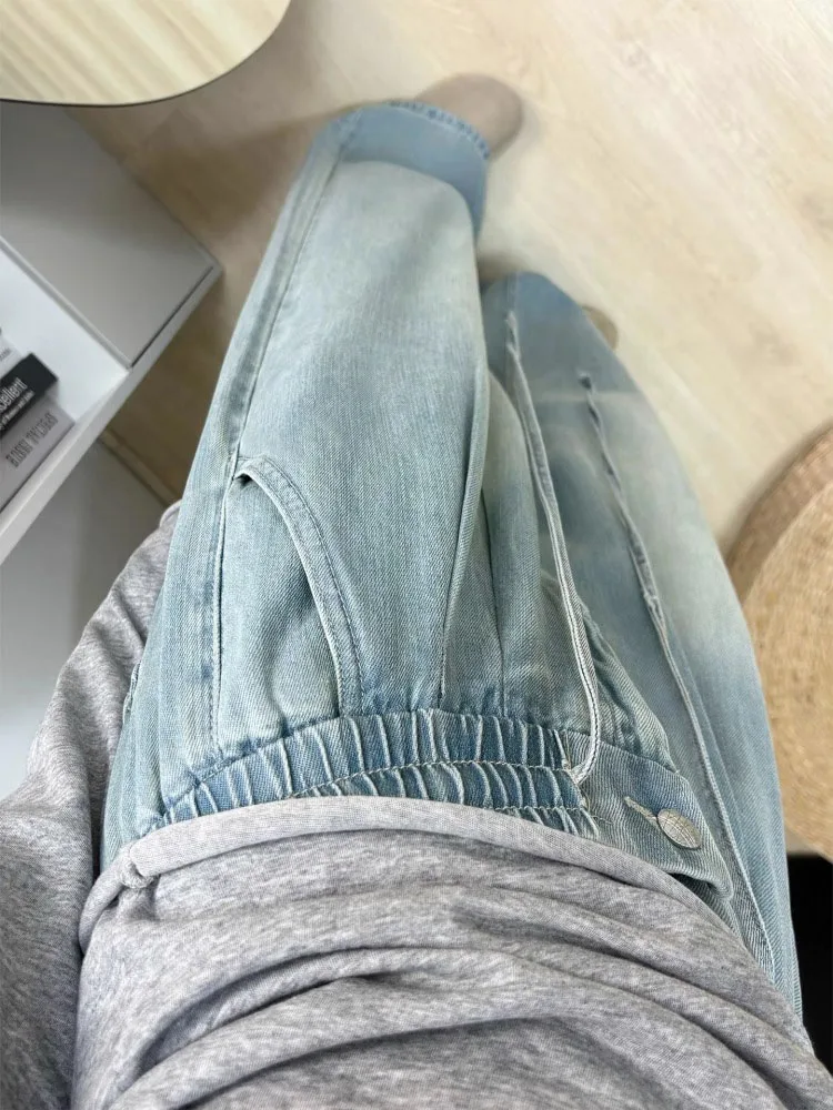 High Waist Wide Leg  Denim Pants Women Summer Thin Loose Slimming Ice Silk Long Pants Casual Sle Iron Free Procing