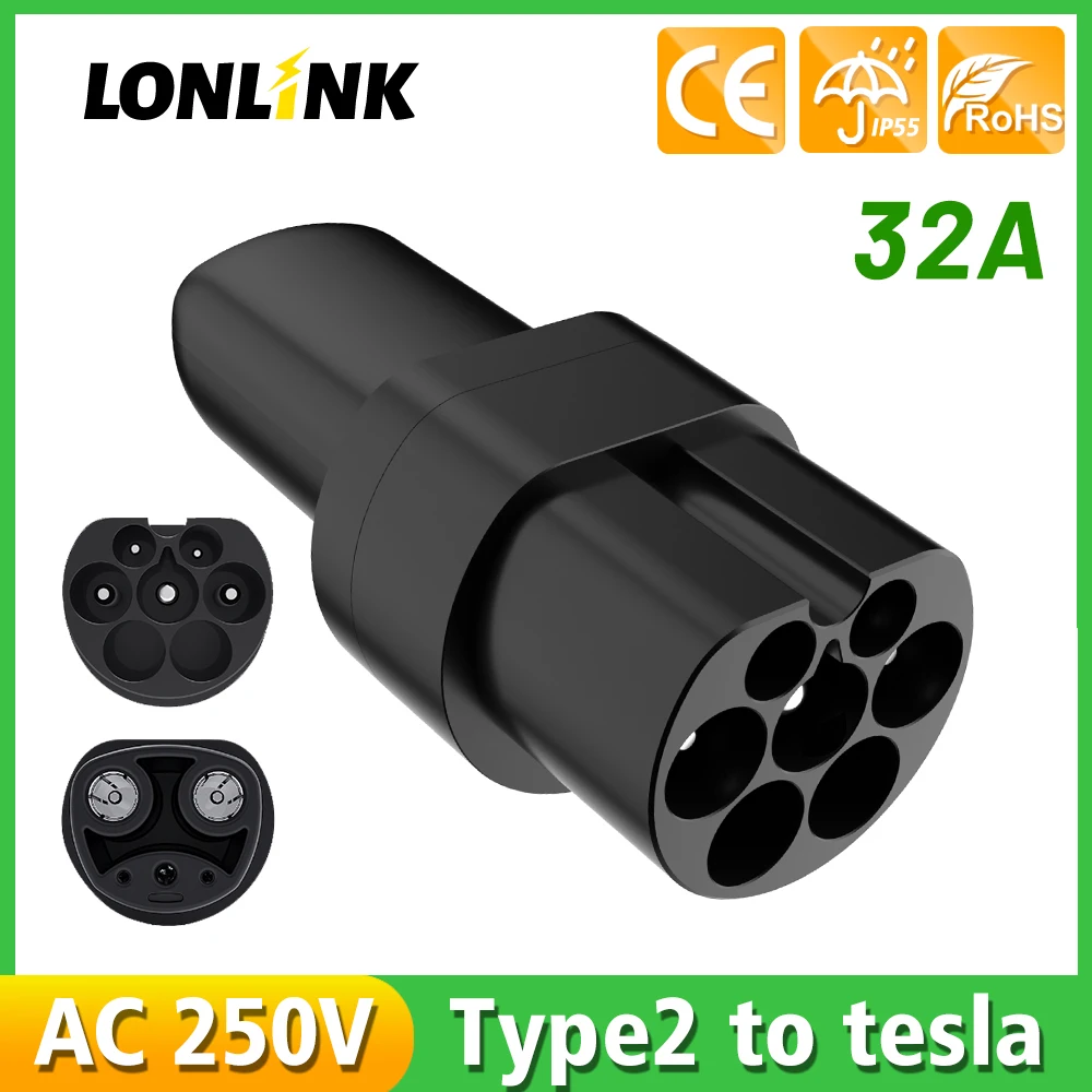 LONLINK EV Adaptor Type-2 EU To Tesla Plug EV Adapter Electric Cars Vehicle Charger Charging Connector Type2 To TESLA