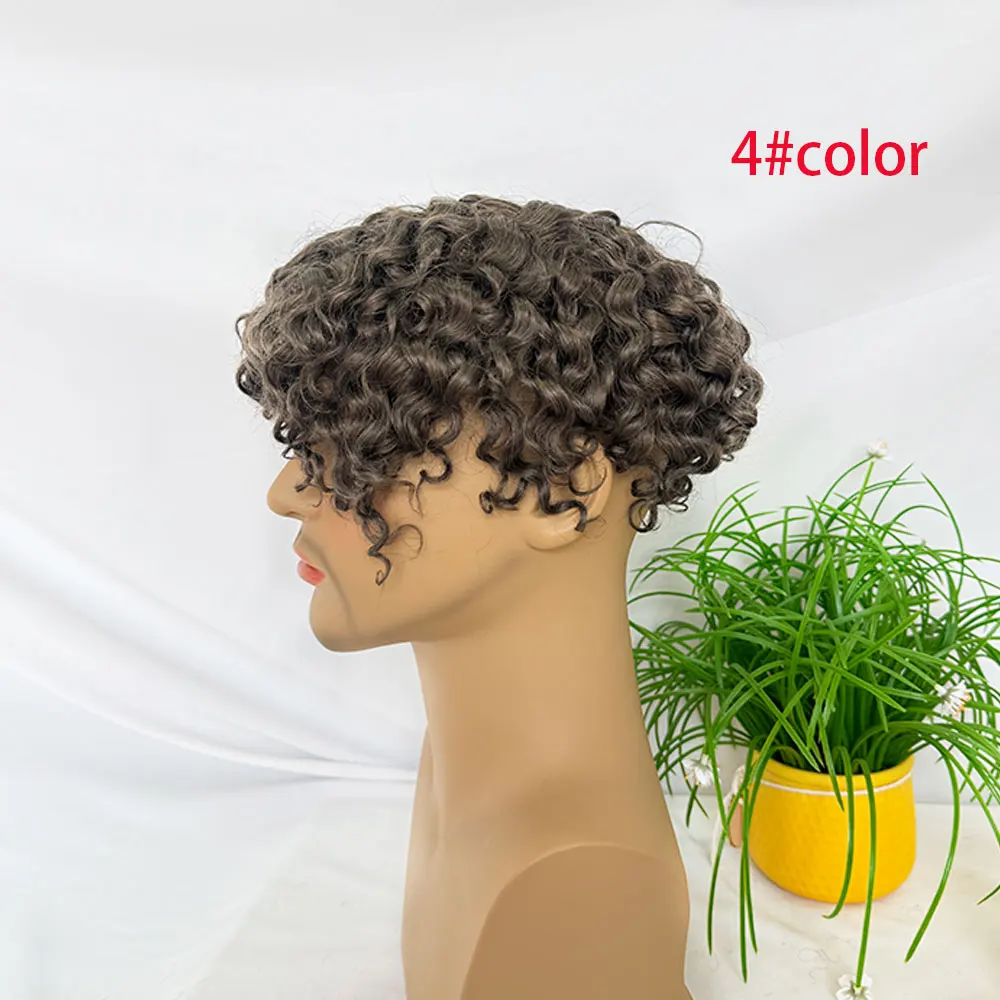 Men's 10x8 Inch Curly Human Hair Toupee Middle Brown Full Swiss Lace Wig 4# Color Replacement Hair Piece for Black Men