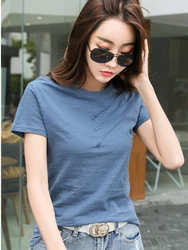 T-shirt da donna estive Top in cotone a coste con bottoni t-shirt larghe da donna Streetwear 2024 Top coreani con scollo a manica corta