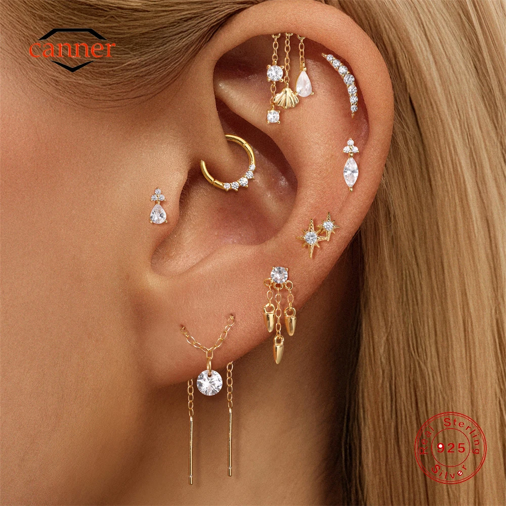 

CANNER 1PC 925 Sterling Silver Tassel Chain CZ Flat Head Puncture Earring For Women Ins Classic Geometric Stud Earring Jewelry