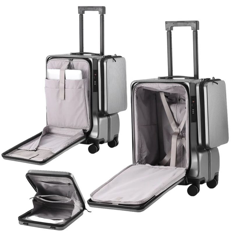 صندوق الصعود 20 بوصة مع حقيبة معلقة جانبية حقيبة تروللي بعجلات متعددة الوظائف مع حامل الكأس USB حقيبة سفر للأعمال مقصورة الرحلة