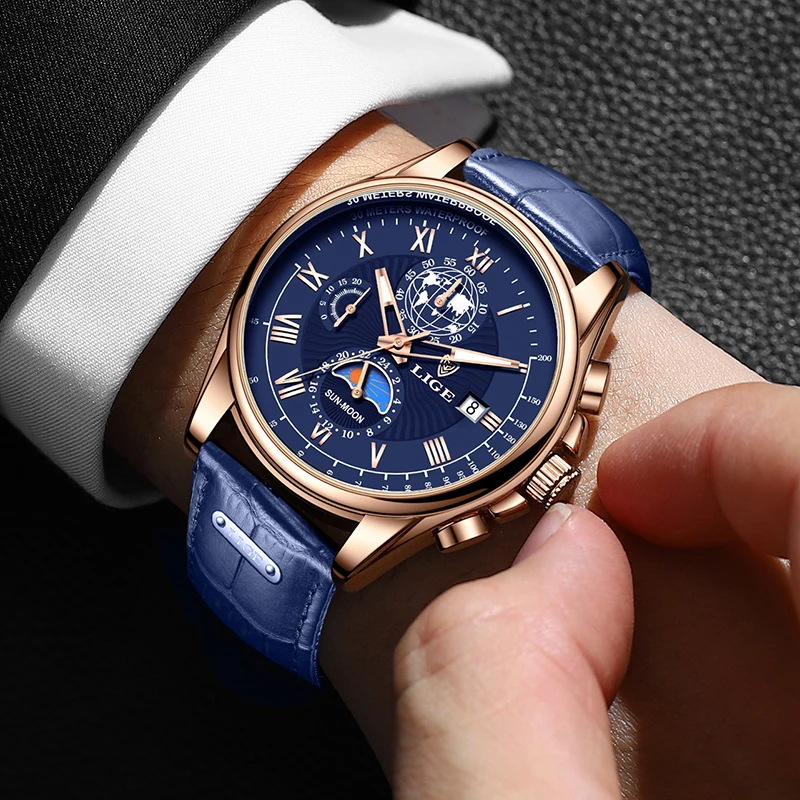 2024 LIGE New Blue Leather Mens Watches Top Brand Luxury Waterproof Watch For Men Sport Date Quartz Wristwatch Relogio Masculino