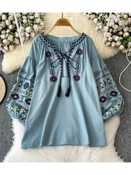 Women's Autumn Blouse Vintage Ethnic Style Long Sleeved V-neck Loose Embroidered Cotton Linen Pullover Shirt Casual Top BL032