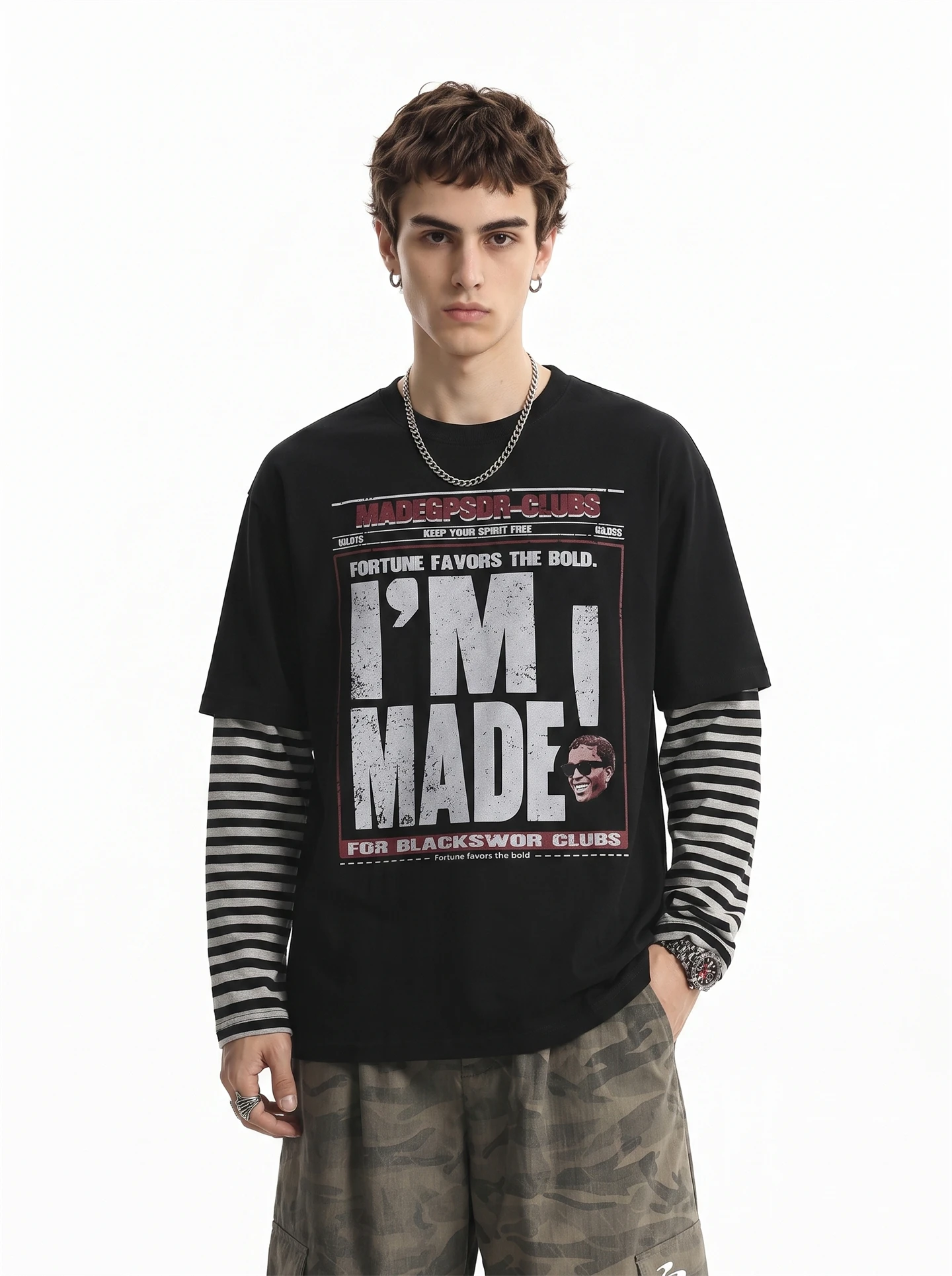 BETEBULE American High Street Long Sleeve T-Shirt Men's Trendy Fake Two-Piece Striped Wide Top Letter Print Loose Fit Youth 