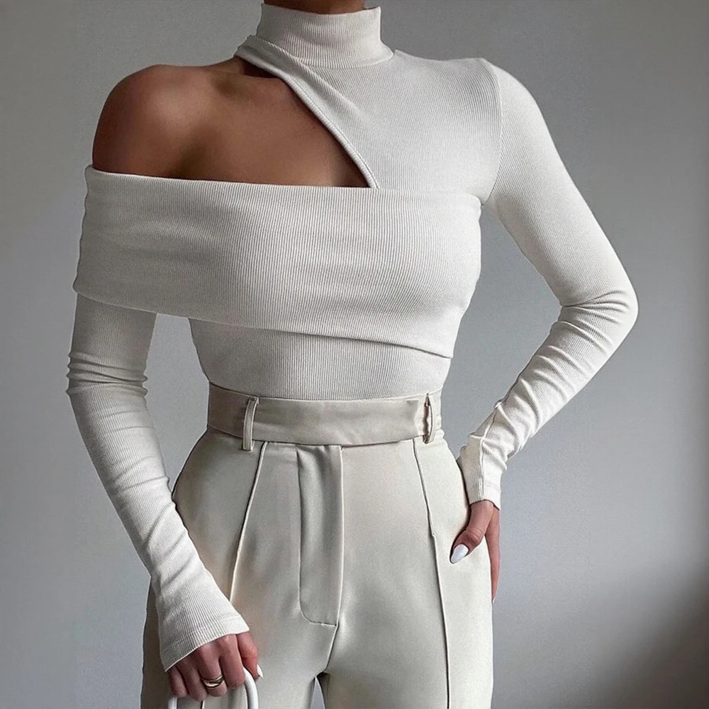 

Autumn Winter T-Shirts 2025 Women's Casual Plain Asymmetrical Cut-Out Long Sleeve High Neck Daily T-Shirts