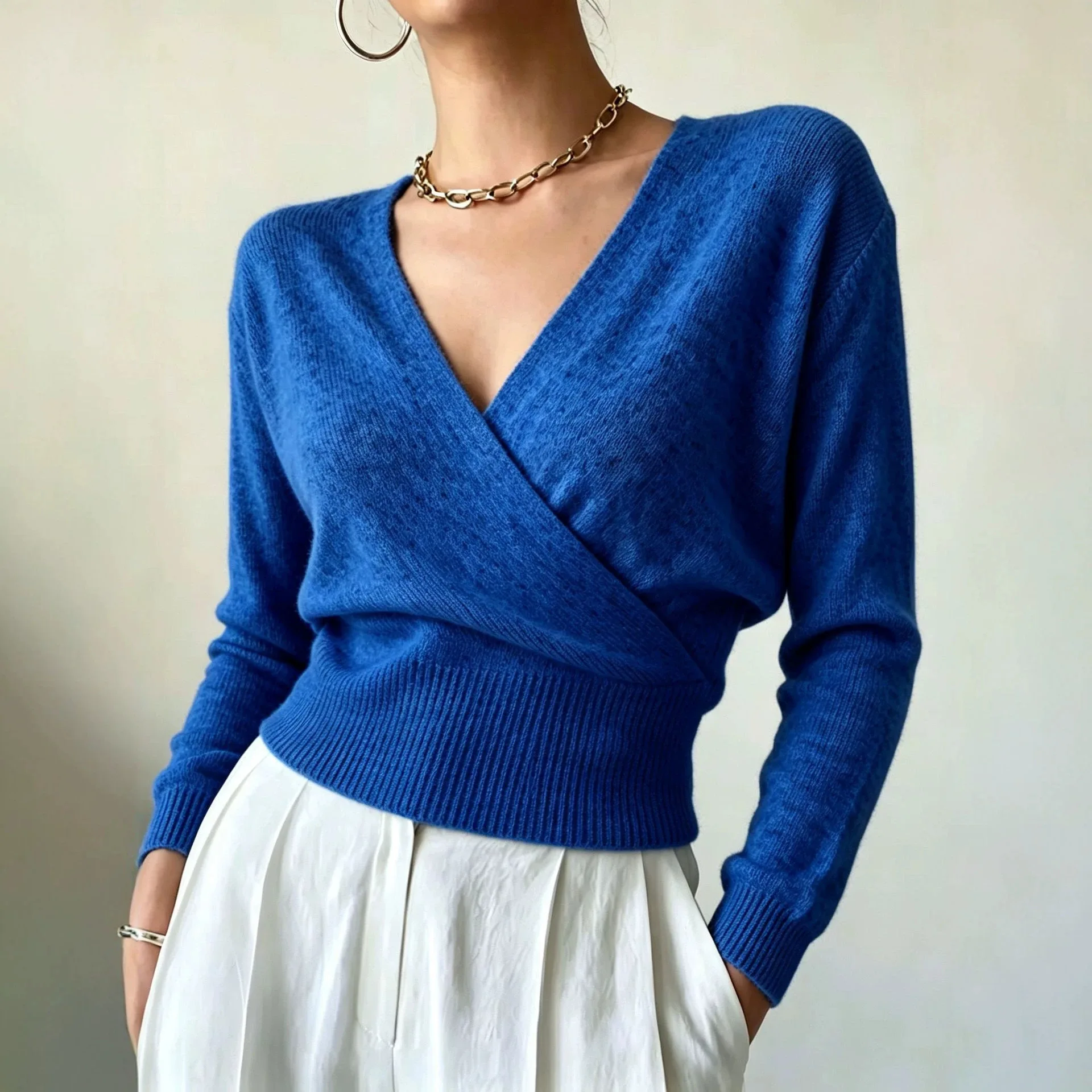 2026 New Women V Neck Wrap Knit Sweater Long Sleeve Solid Slim Waist Cropped Pullover Elegant Casual Fall Winter Soft Knit Top
