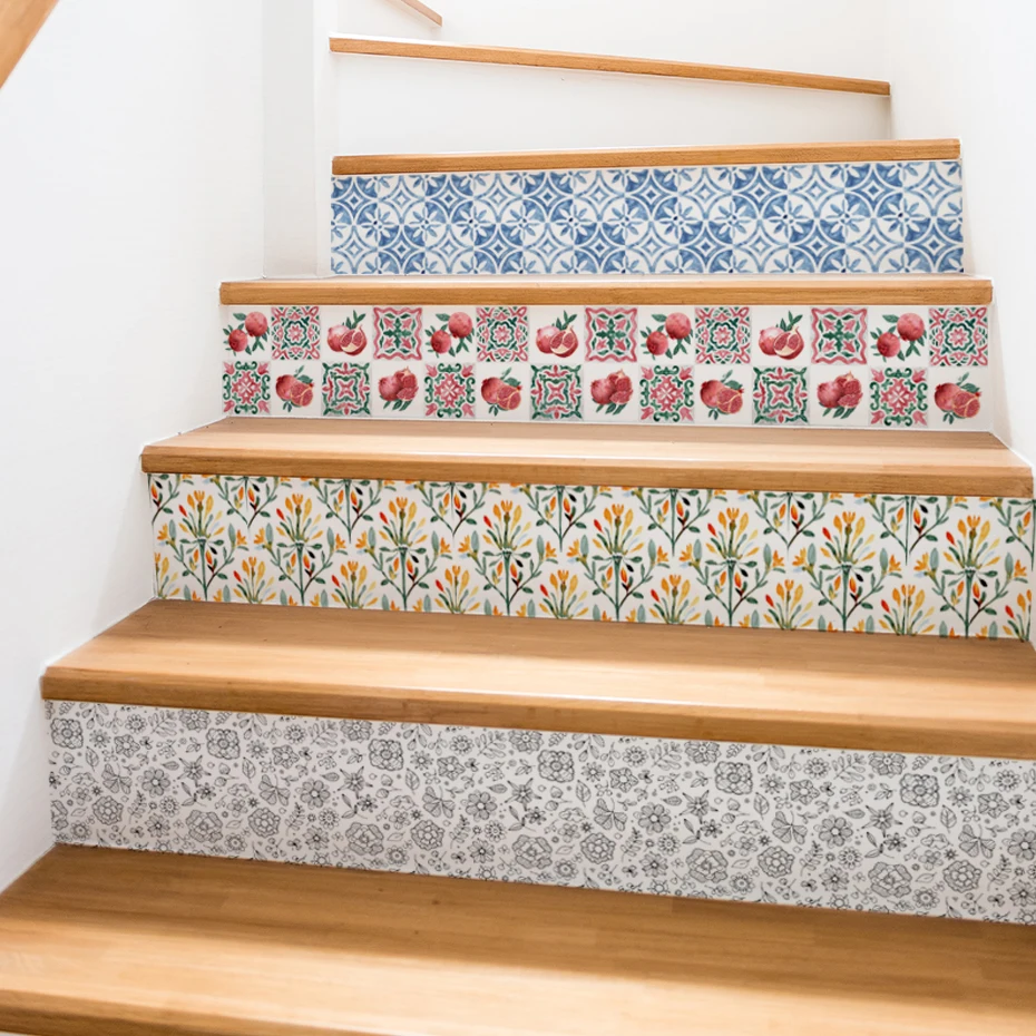 

13PCS Stair Stickers Flowers Tile Style Self Adhesive Stickers for Stair Covering Waterproof Non-slip Stair Tiles Stickers