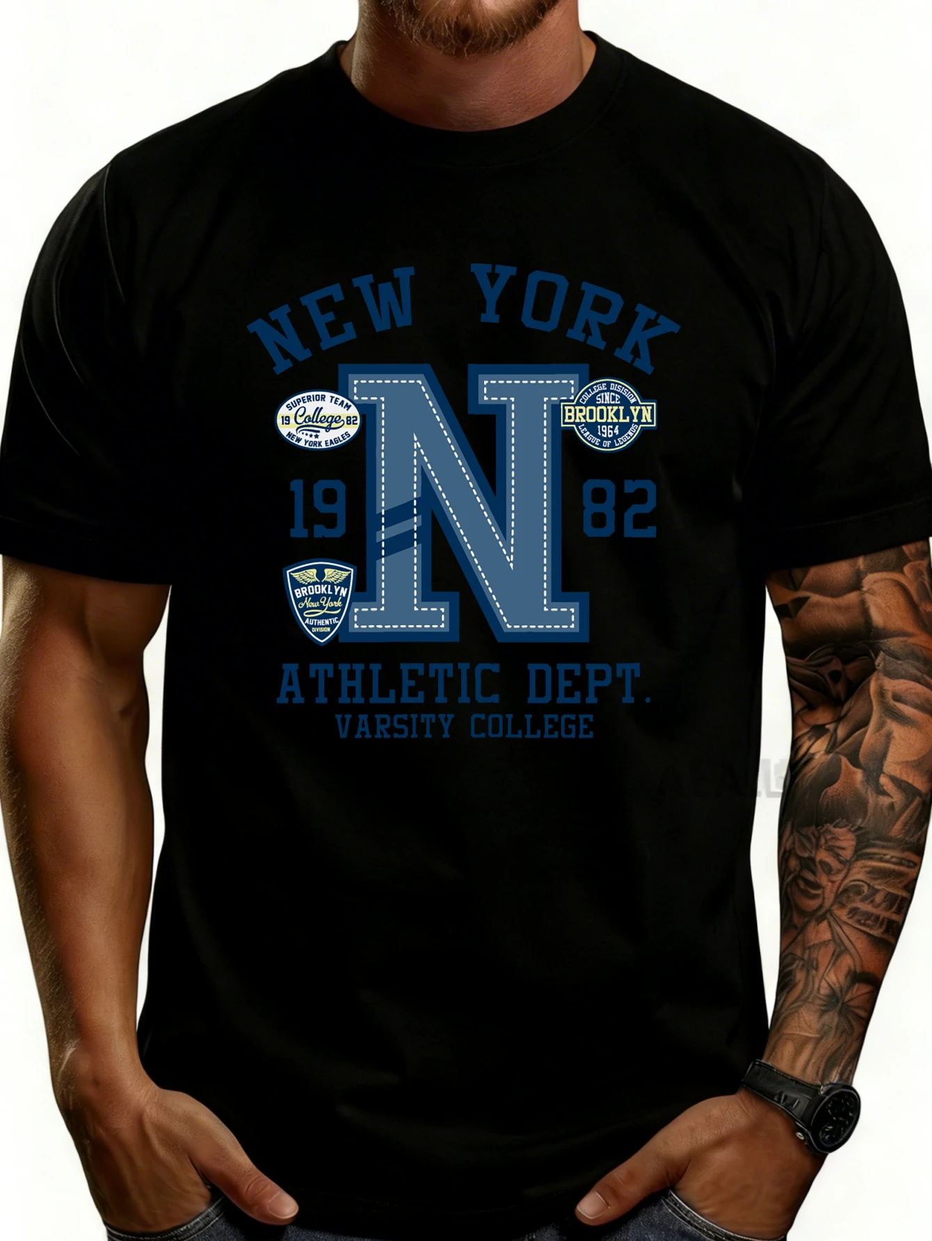 Casual College-Style Men's T-Shirt with New York Sports Department Team Design, Suitable for Everyday Wear and Casual Outings, Perfect Gift for Sports Fans and College Enthusiasts