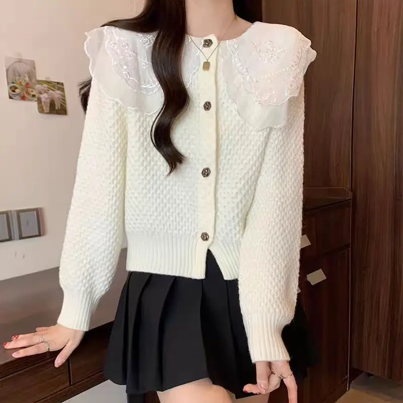 French Double Layer Doll Collar Knitted Cardigan Autumn Clothing Women's Single-breasted Long Sleeve Outer Sweater Jacket