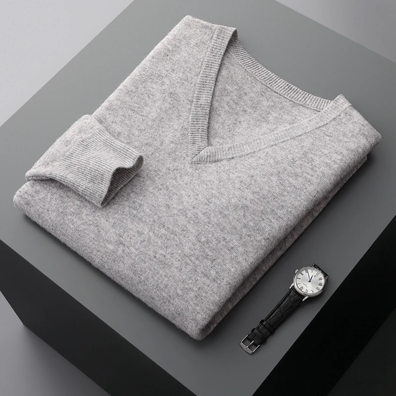 

Men Autumn Winter 100% Merino Wool Sweater V-Neck Pullover Cashmere Warm Solid Knitwear Clothes Business Bottoming Soft Tops