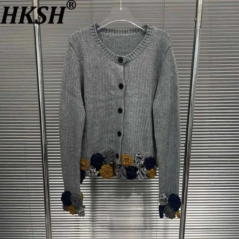 

HKSH Autumn New Women Sweater Three-dimensional Flower Patchwork Single Breasted High Street Casual Ins Knitted Cardigan HK11399