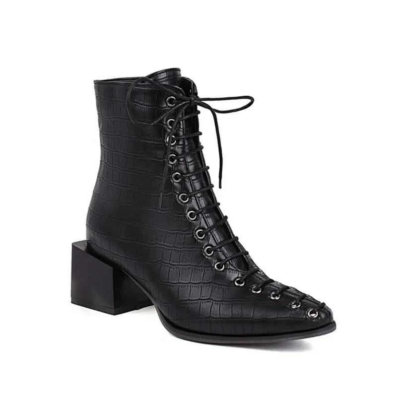 QPLYXCO Ankle Boots Women Fashion High Heels Square Toe Cross Tied Autumn Winter Casual Dress Party Platform Shoes Big Size 33-5