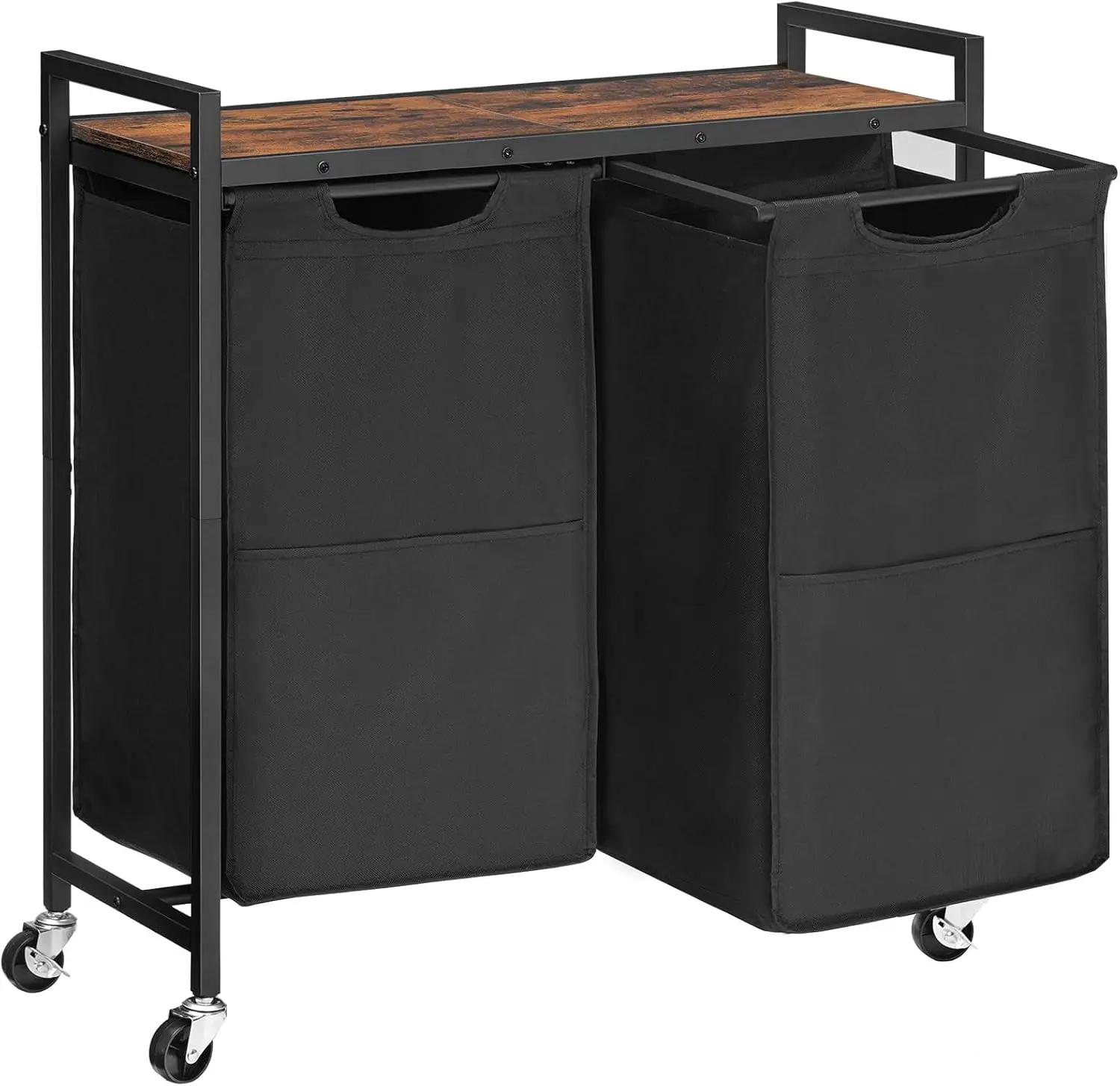 

2-Section Rolling Laundry Sorter with Wheels, Removable Fabric Bags, Rustic Brown and Black