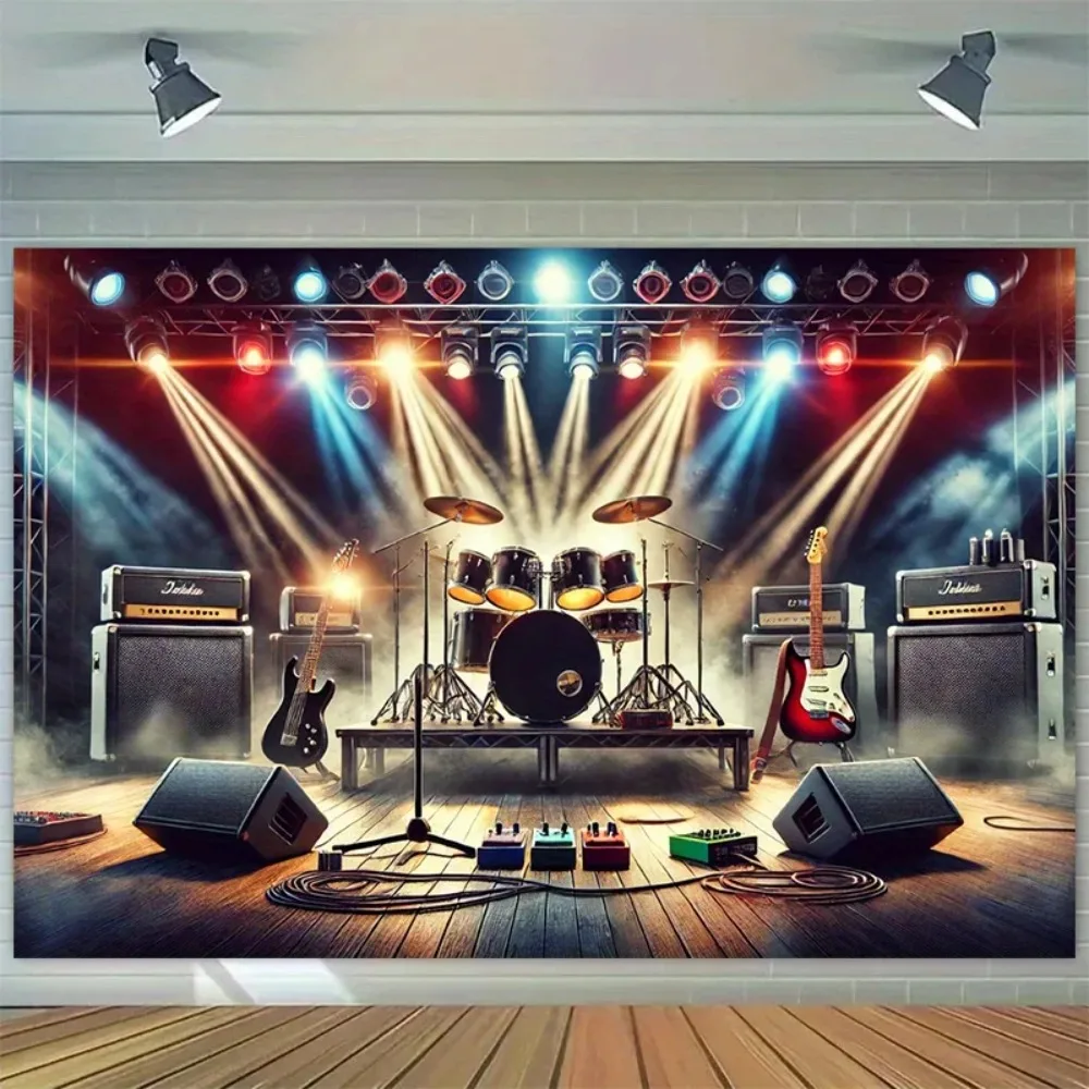 Vintage Rockband Verstärker Gitarre Musikraum Bühnenbanner Hintergrundtuch, Geburtstagsfeier, Heimdekoration Fotografie-Hintergrund