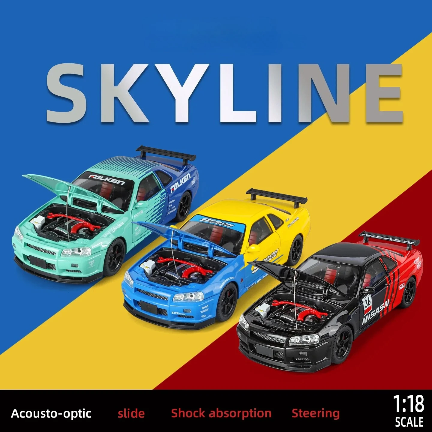 Voiture de sport Skyline 1:18, modèle de voiture en alliage, son et lumière, jouet à collectionner pour enfants, cadeau d'anniversaire