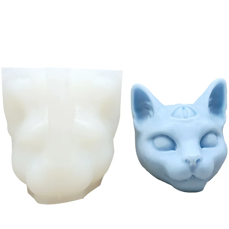 Large Three Eyed Cat Head Silicone Candle Mold 3D Animal Gypsum Resin Soap Making Tool Diy Ice Cube Handicraft Mold Home Gift