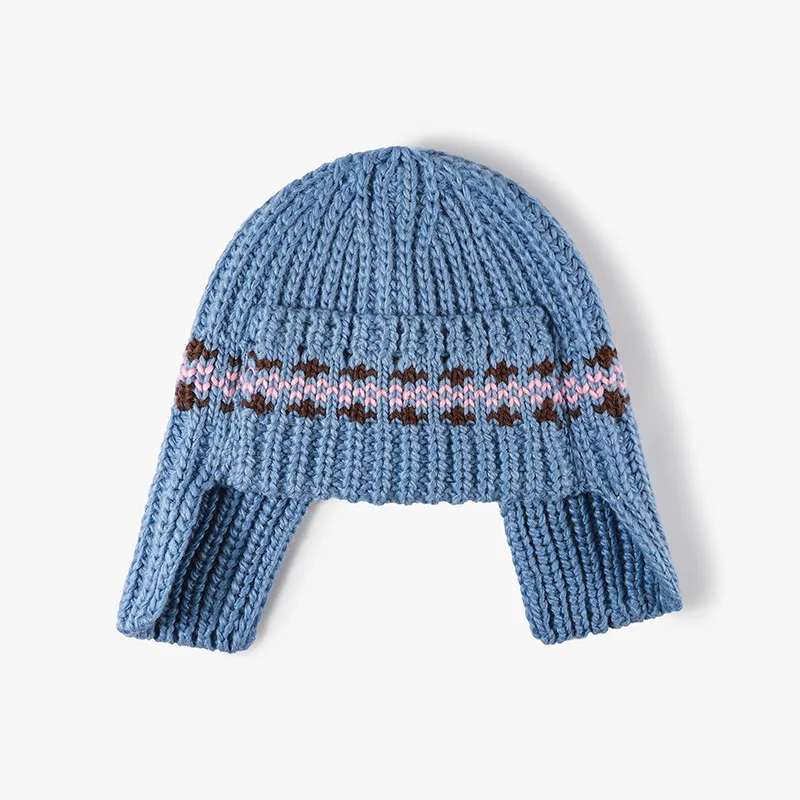 Japanische gestreifte Strickmütze mit Kontrastfarben zum Schutz der Ohren für Herren und Damen, warme Outdoor-Bombermütze für Herbst und Winter – Detail 5