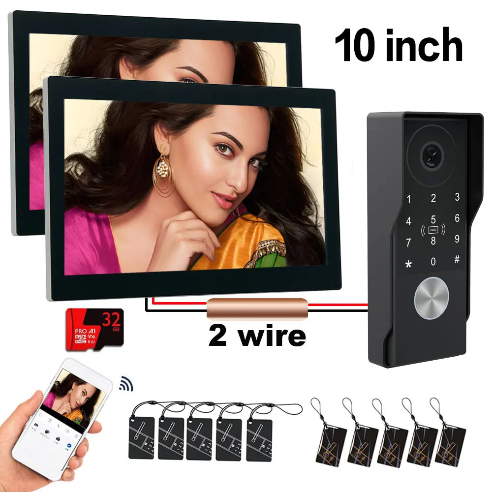 2-Wire Video Door Phone with Tuya App IC Card PIN Unlock 1080P Camera Support 5G Wifi Smart 2pcs 10Inch Video Intercom System
