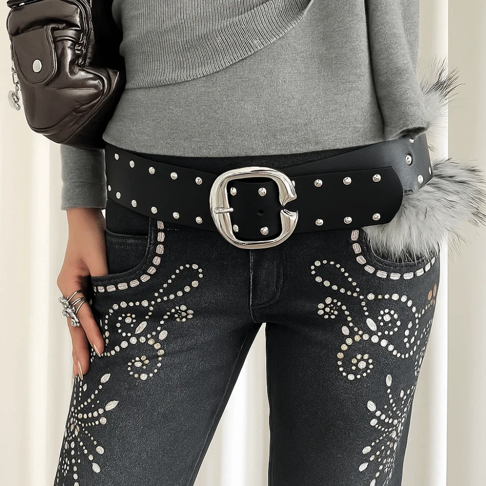 

Vintage Rivet Leather Fur Belt Faux Fur Western Style Y2K Waistband Punk Jeans Decor Plush Belt Spicy Girl