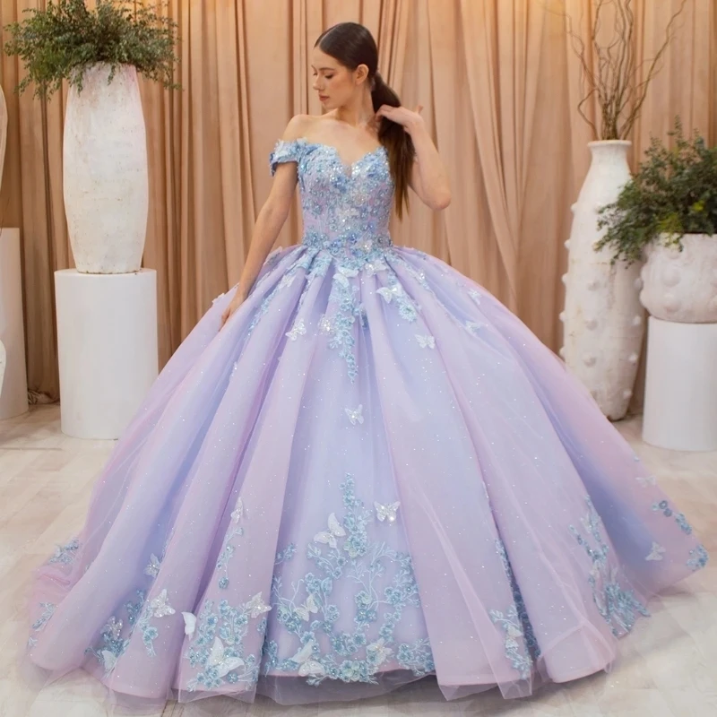 

Lilac Glittering Sexy Sweetheart Quinceanera Dresses Off Shoulder Applique Lace Bow Beading Tull Vestidos De 15 Anos Ball Gowns