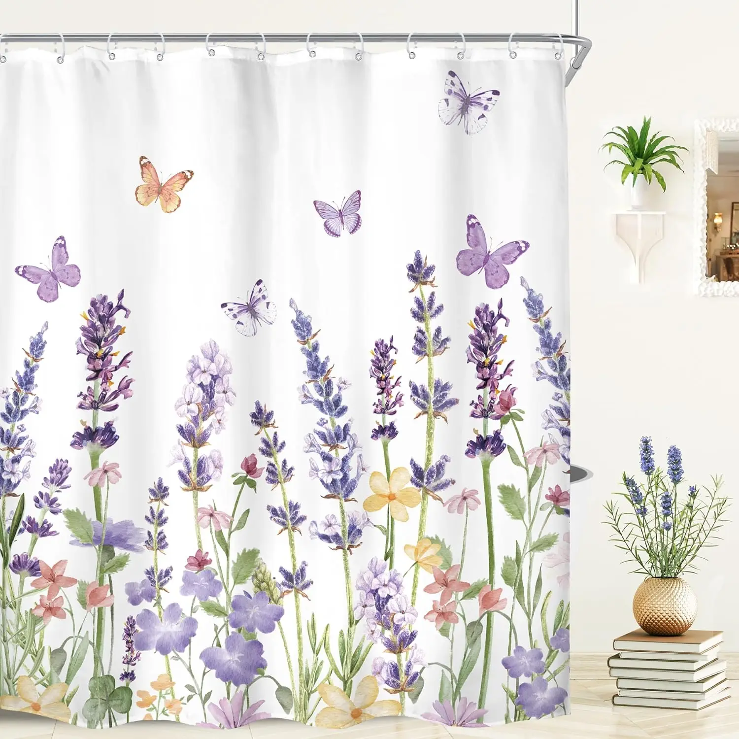 

Purple Lavender Shower Curtain, Floral Wildflower Butterfly Print, Waterproof Polyester Bathroom Decor