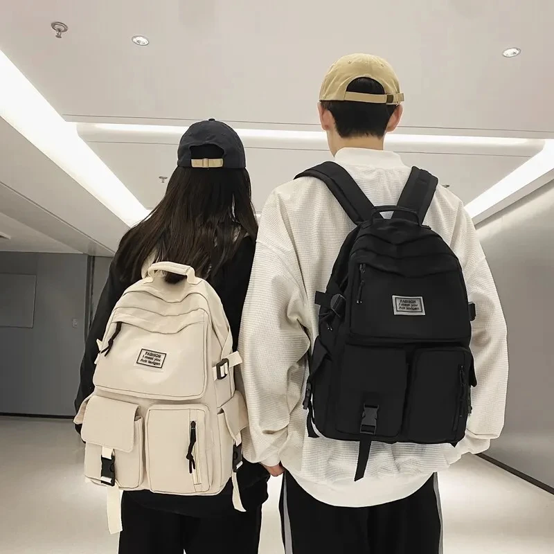 Mochila escolar multibolsillo para hombre y mujer, bolsa de lona Simple con hebilla de inserción para ordenador portátil, gran capacidad, informal