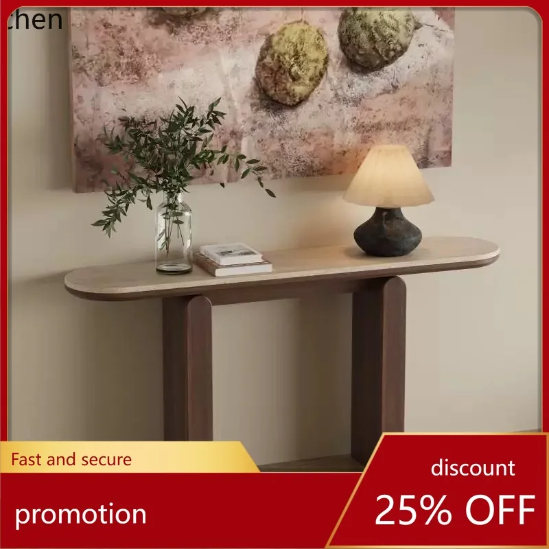 

ZML Solid Wood Travertine Stone Slab Entryway Table Hallway Wall-Mounted Ultra-Narrow Long Table