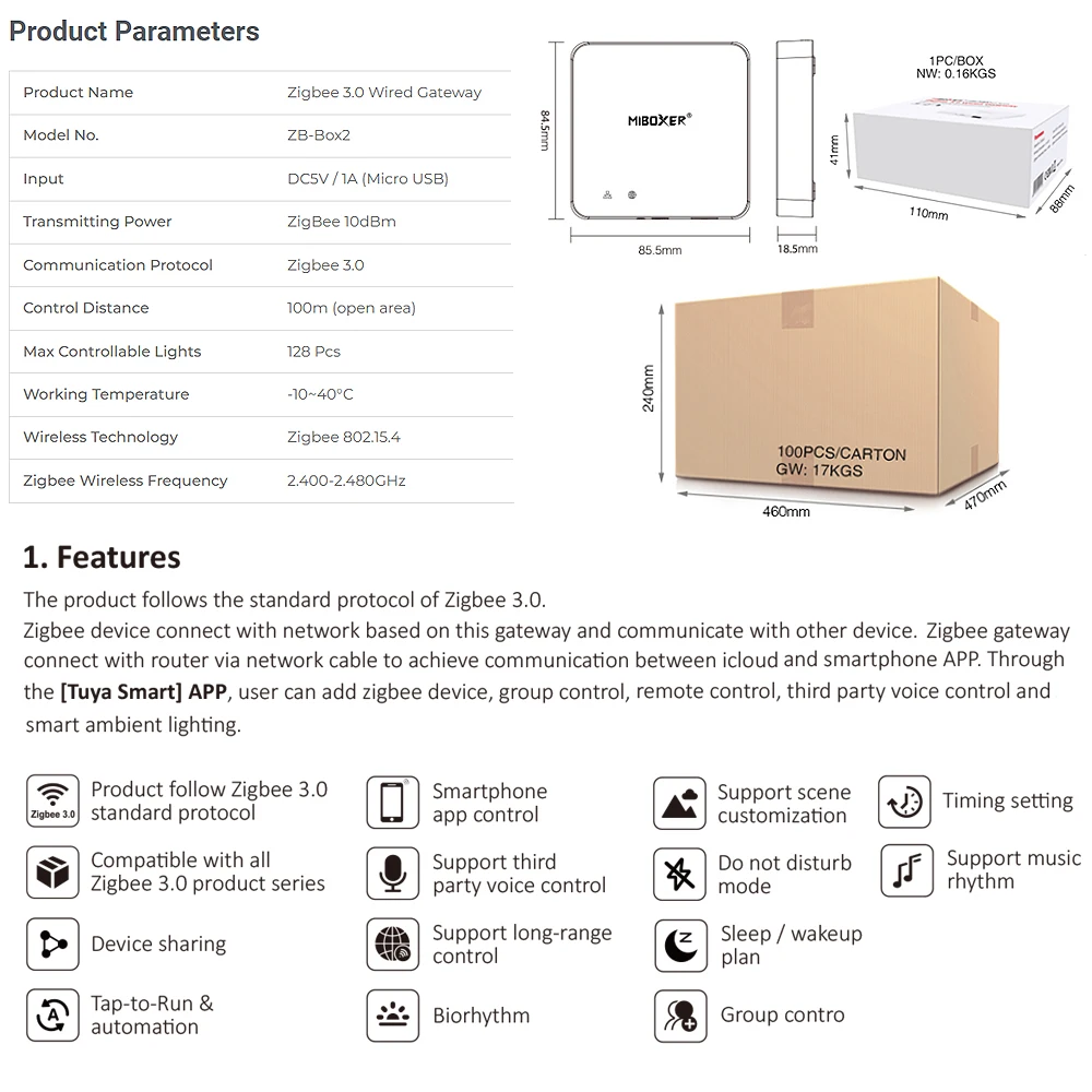 Miboxer ZB-BOX2 Zigbee 3.0 przewodowa bramka pojedyncza/podwójny kolor/RGB/RGBW/RGBCCT TUYA kontroler aplikacji kompatybilny z IOS/Andriod