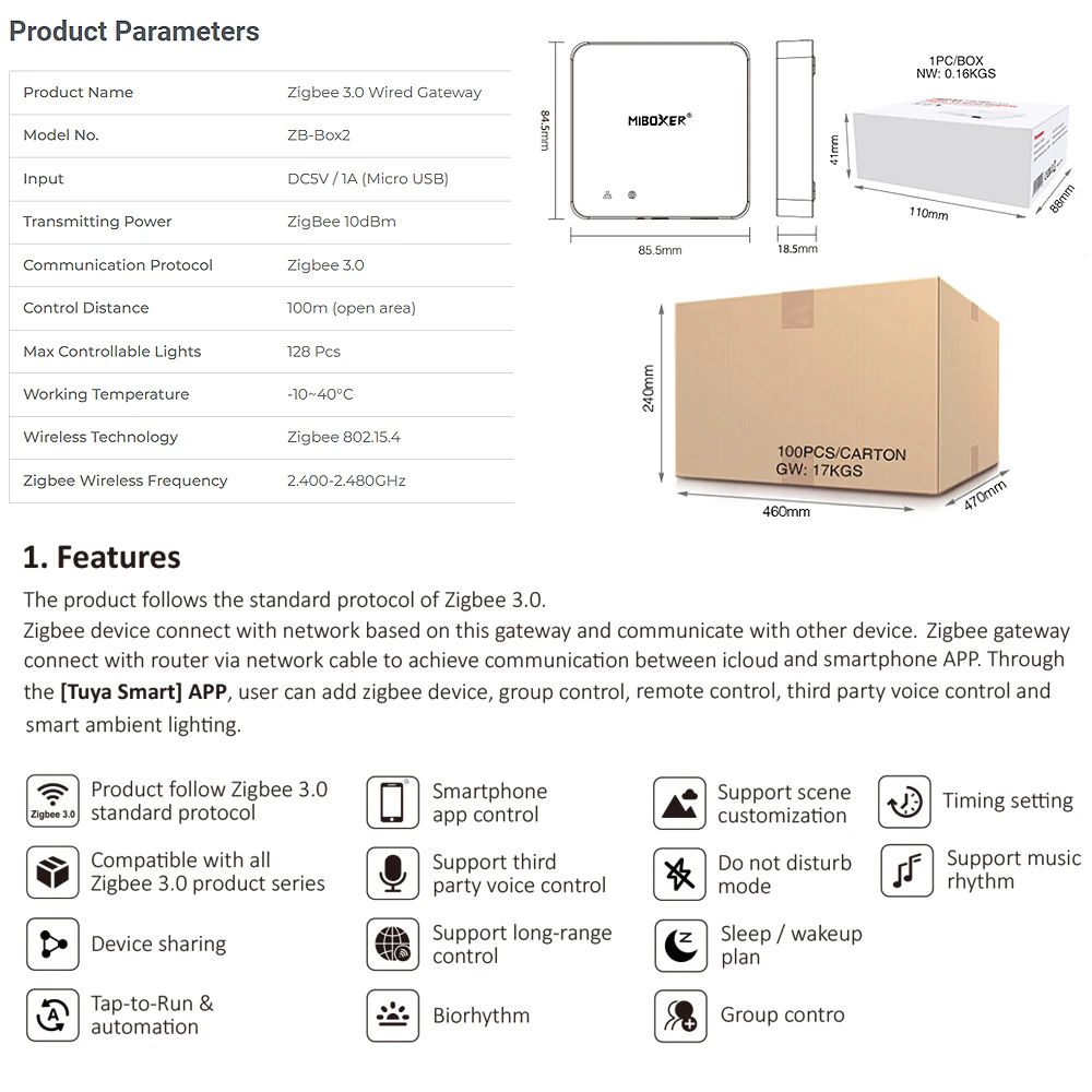 Miboxer ZB-BOX2 Zigbee 3.0 Wired Gateway Single/Dual color/RGB/RGBW/RGBCCT TUYA  APP Controller Compatible With IOS/Andriod