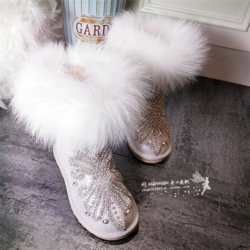 Pearlescent white mid-tube snow boots natural fox hair rhinoceros custom fur one large size women's cotton shoes 35-44