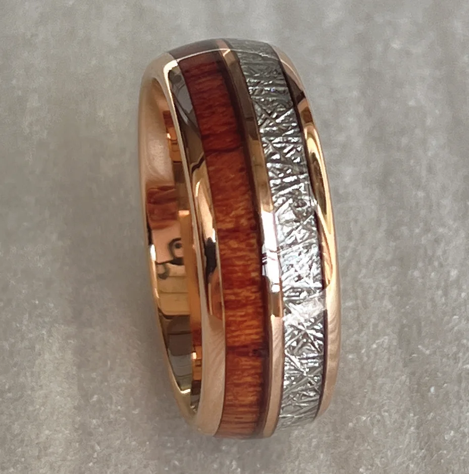 8 مللي متر 6 مللي متر القبة التنغستن خاتم مطلي بالذهب الوردي البطانة الطبيعية كوا الخشب و نيزك العثور على خاتم شحن مجاني #4