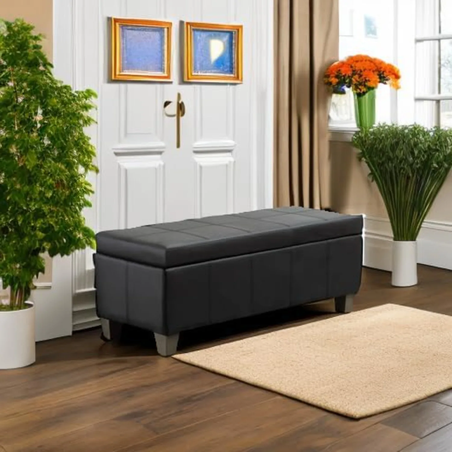 41" Storage Ottoman, Storage Bench with Safety Hinge, Upholstered Synthetic Leather Ottoman Bench for Bedroom, Living
