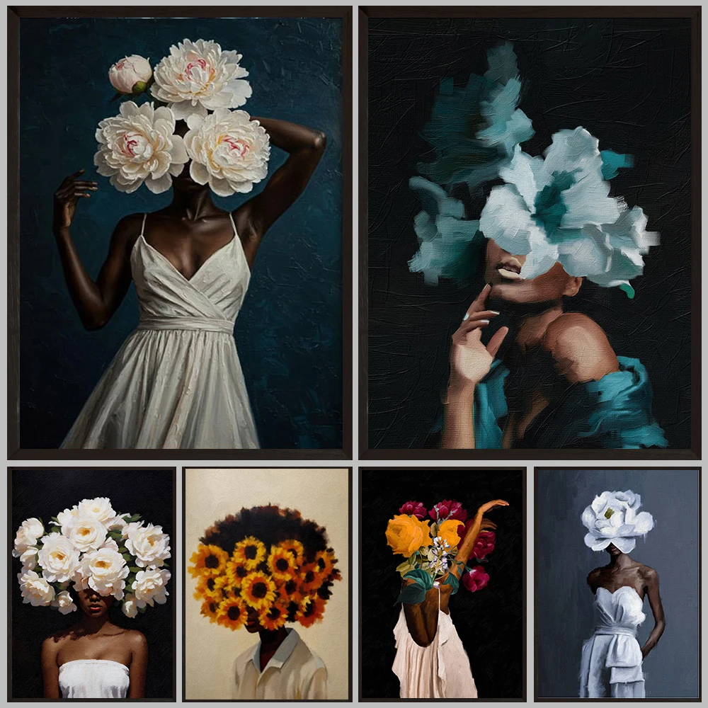 Flower Portrait Poster Wall Art Canvas Painting Dark Aesthetic Flower Head art prints Modern Home Decor Unframed
