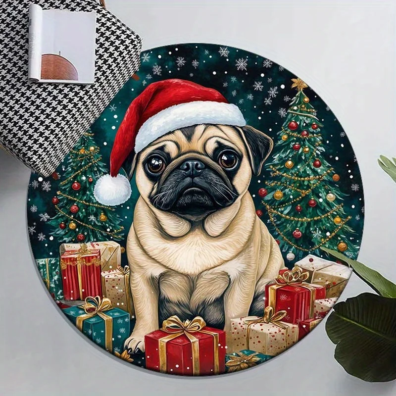 

Pug Dog Christmas Hat Round Rug Crystal Velvet Floor Mat Pet Lover Gift Holiday Theme Home Decor Festive Animal Print