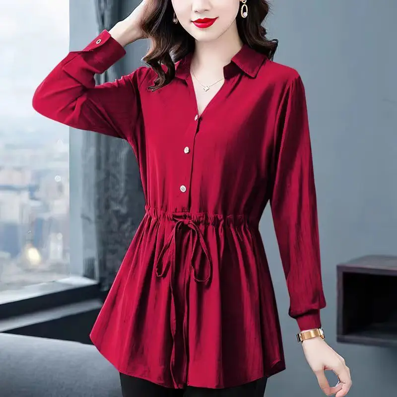 Fashion All-match Solid Color Lace Up Women\'s Blouse Casual Commute Spring Autumn Long Sleeve Shirring V-Neck Pullovers Shirt