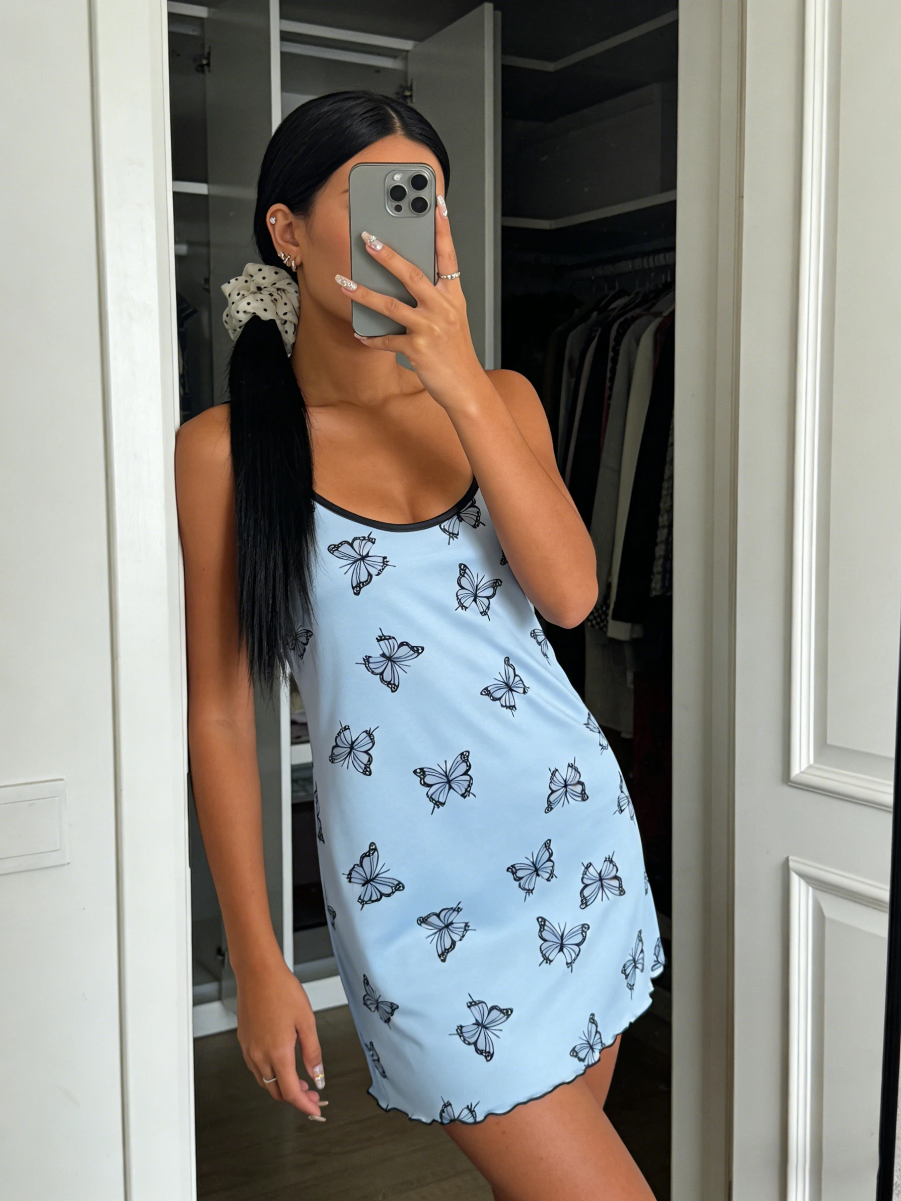 Women Nightdress Spaghetti Strap Cami Ruffled Round Neck Homewear Summer Delicate Butterfly Print