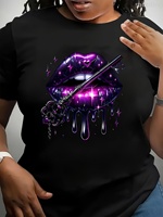 Women's Casual Sleeve Black Round Graphic with Purple Lips Stars Print Stretchy Comfort FitSeason Cute TShirt Playful Lip Design