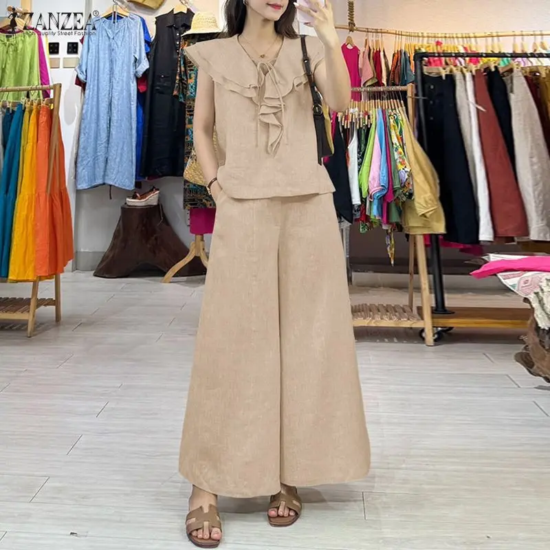 

Модные летние комплекты 2026 ZANZEA: Женский брючный костюм с V-образным вырезом, безрукавная блузка, широкие брюки, повседневный однотонный деловой костюм для офиса