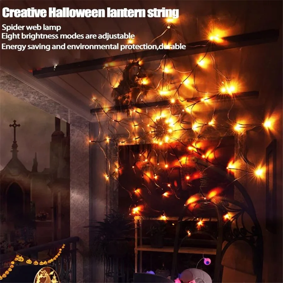 New Halloween LED Spider Webs Fairy Lights Indoor Outdoor 8 Modos Remote String Lights para Dia de Todos os Santos Halloween Party Decor